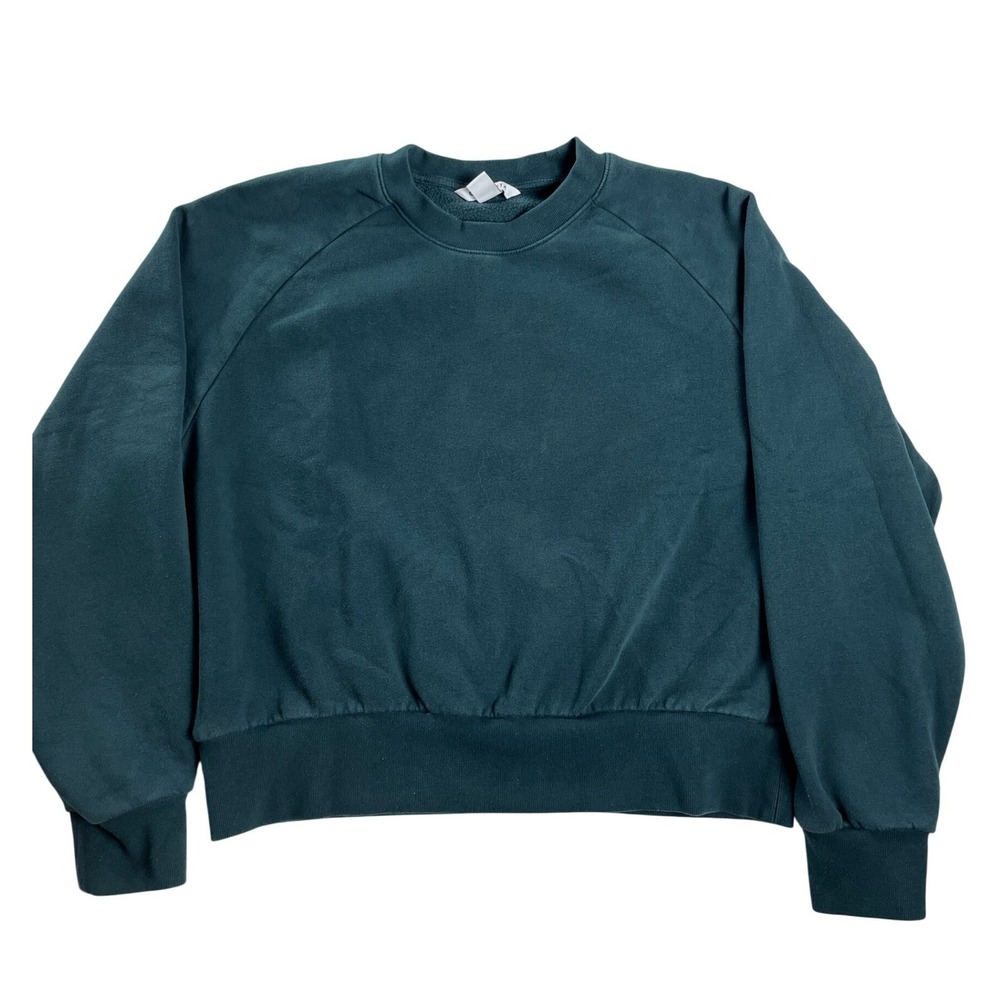 Athleta Cropped Fleece Crewneck Sweatshirt Teal Raglan Womens M